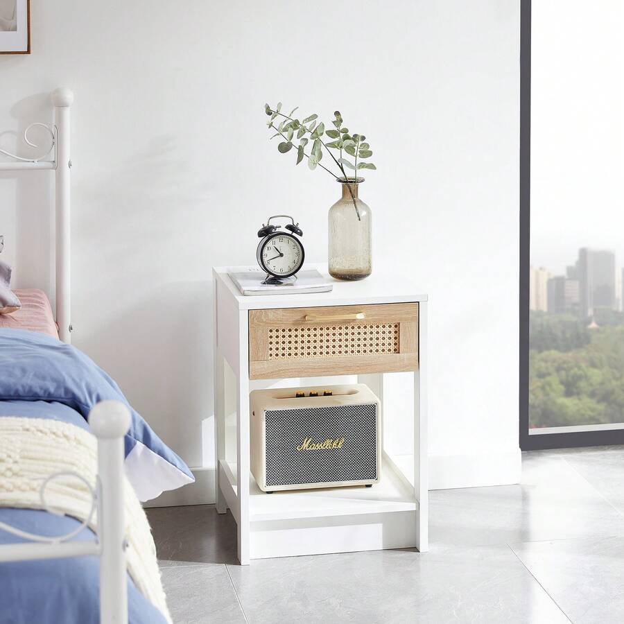 Rattan Side Table With Drawer, Modern Bedside Table, Side Table For Living Room, Bedroom, White - H55/W40/D40 Cm - White - View 1