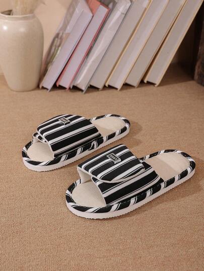 可调节魔术贴条纹亚麻拖鞋，女士夏季透气露趾家居拖鞋，防滑软底室内凉鞋，四季皆宜，多种颜色可选