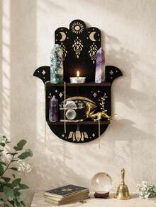 1 chiếc kệ treo tường trưng bày pha lê hình mắt trăng, phong cách Boho Gothic, giá đựng đồ trang trí, kệ thờ cúng huyền bí, kệ nhiều tầng nổi hình vòm, khắc họa tiết thiên thể, giá trưng bày tiết kiệm không gian cho pha lê, nến, trang sức, bài tarot, đồ trang trí tâm linh cho phòng ngủ, phòng khách, góc thiền định. - Bàn tay Fatima 1 - Xem 6