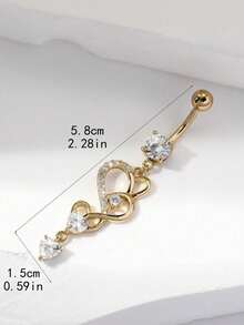 1pc Gold-Plated Copper Long Belly Button Ring With Zirconia Heart Shape Detail, Suitable As Valentine Halloween Christmas Easter Gift, Bar Party Beach Party Birthday Gift Or For Daily Wear For Women Valentines,Mom,Mother,Mother's Day,Gift - 黃金 - 查看 4