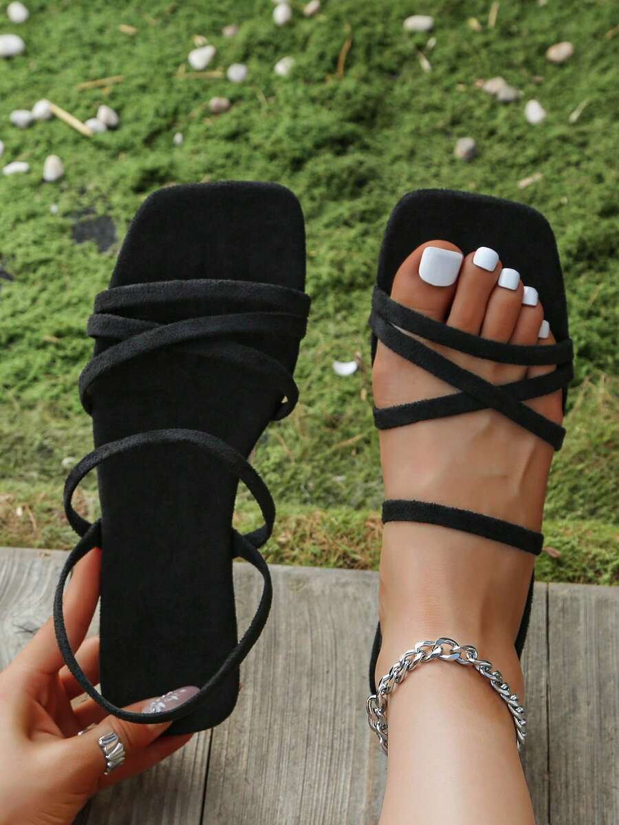 Sandal đế bằng mũi vuông, quai chéo dành cho nữ, kiểu dáng thường ngày, thích hợp cho kỳ nghỉ hè ở vùng nhiệt đới và các dịp lễ hội.