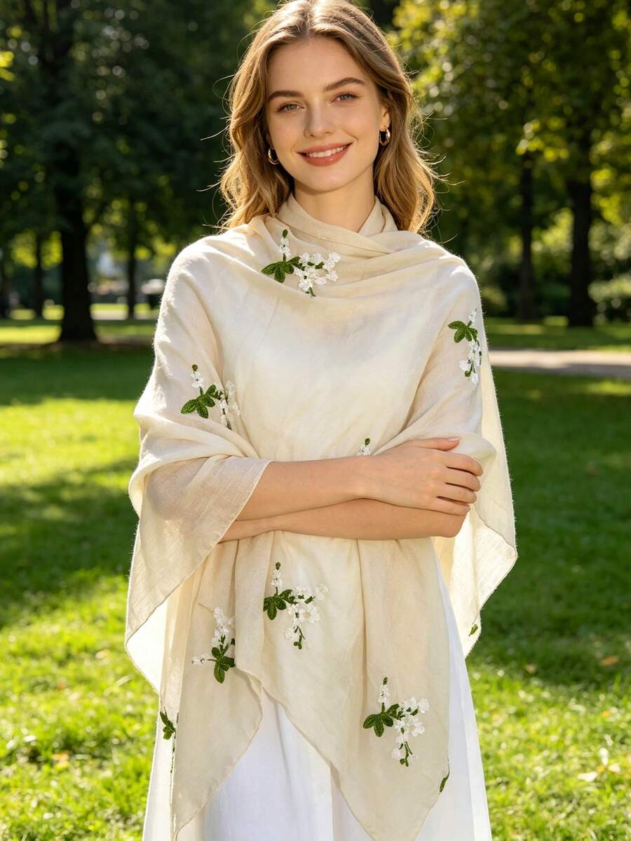 1条女士时尚春秋季休闲刺绣花卉围巾，适合日常佩戴、度假、旅行必备 - 米色 - 查看 1