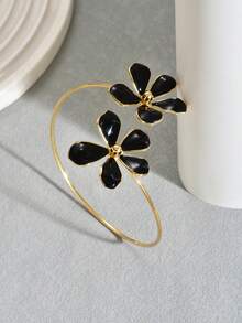 1pc Women's Metal Personalized Fashion Flower Drip Oil Arm Bracelet, Suitable For Vacation Wear - Black - B1302 - View 4