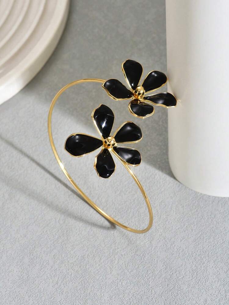 1pc Women's Metal Personalized Fashion Flower Drip Oil Arm Bracelet, Suitable For Vacation Wear - Black - B1302 - View 4
