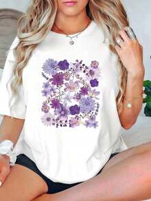 Camiseta de Talla Grande, Manga Corta, Estampado Floral - Con Motivos de Flores Moradas y Rosas, Ropa Elegante para Mujer de Talla Grande, Lavable a Máquina - Tops de Verano - Nueva Colecció - Blanco - Ver 3