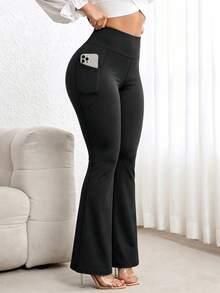 Quần yoga ống loe cạp cao màu trơn size lớn cho nữ, quần ống loe thời trang tôn dáng mặc ngoài có túi thể thao - màu đen - Xem 4