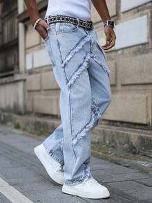 Jeans de mezclilla con parches y deshilachados, estilo urbano para hombres - Lavado ligero - Ver 3
