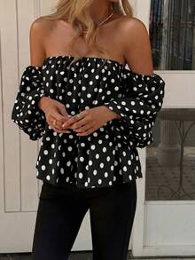 Off-Shoulder Short Sleeve Polka Dot Loose Casual Summer Beach Tops - Black - View 2