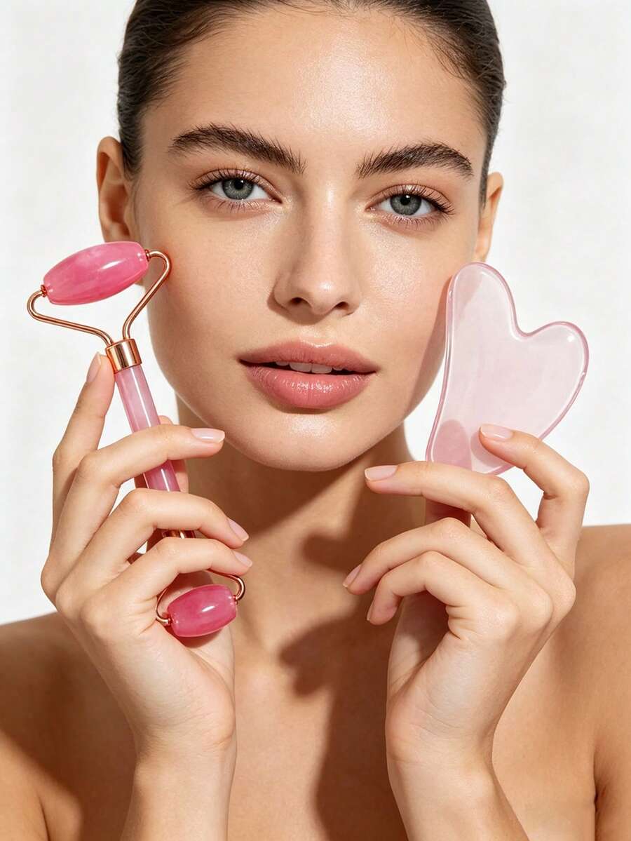 Bộ 2 con lăn massage hai đầu cầm tay, làm từ nhựa tự nhiên, dùng để chăm sóc da hàng ngày. - Hồng - Xem 1