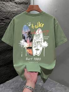Men's Graphic Print T-Shirt, Beach Summer Wear, Loose Fit Short Sleeve T-Shirt - Olive Green - View 2