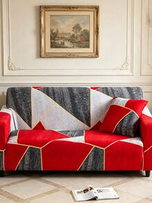 1pc Geometric Pattern Elastic Sofa Cover, Modern Style Polyester Fabric, Machine Washable, Four Seasons Applicable - Red - View 3