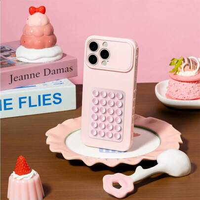 1PC Cute Pink 3D Heart Suction Cup Stand Phone Case, Shockproof Soft Silicone Kickstand Cover With 3D Heart Side Design For IPhone 16 Pro Max 15 14 13 12 11 XS XR 8 7 Plus