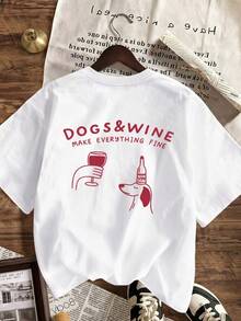 2026 Cartoon Puppy & Red Wine Graphic Print Crew Neck Short Sleeve T-Shirt. New Minimalist Women's T-Shirt With A Cute Pattern, Casual Holiday Style, Relaxed Fit, Crew Neck And Short Sleeves. - 白色 - 查看 5