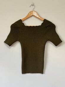 Women's Romantic Ribbed Modal Knit Blouse With Square Neckline And Short Sleeves. - Dark Green - View 3