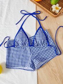 女士高腰比基尼三件套泳衣，格子印花泳装，适合音乐节、游泳派对、Y2K时尚、夏季海滩度假 - 藍色 - 查看 5