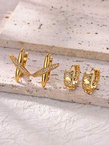 1 Pair Personalized Criss-Cross X Rhombus Zirconia Hoop Earrings, 18K Gold Plated Stylish Earrings, Gift For Commuting And Party Outfits - Yellow Gold - View 1