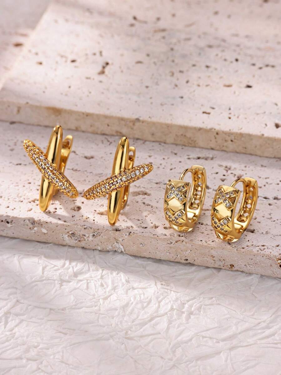1 Pair Personalized Criss-Cross X Rhombus Zirconia Hoop Earrings, 18K Gold Plated Stylish Earrings, Gift For Commuting And Party Outfits - Yellow Gold - View 1