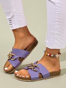Ximi Ruo Thick Sole Spring/Summer New Brand Thick Sole Rice Husk Slippers, Women's Net Celebrity Fashion Casual Sandals, Roman Style Slip-On Slippers, Comfortable Black Slouchy Slippers For Summer - Purple - View 4