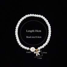 1pc New Women's Round Letter Bow Pearl Chain Bracelet - White - View 2