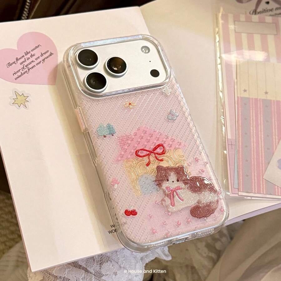 Kavenfort Transparent Glitter Phone Case, Compatible With Iphone 17 Pro, Also Fits 16, 15, 13, 14, 17. Pink Cartoon Cat, Shiny Soft Case, Cute, Girly, Creative, Geometric, Cartoon Style, Adorable, Fresh, Niche, Ins Style - Clear - View 1