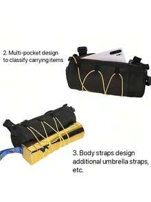 1 Piece High-Capacity Adjustable Bike Handlebar Bag - Black Multi-Pocket Front Frame Tube Bag With Handle Mount, Featuring A Stylish Cylindrical Design And Elastic Securing System For Cycling Necessities - Multicolor - View 5