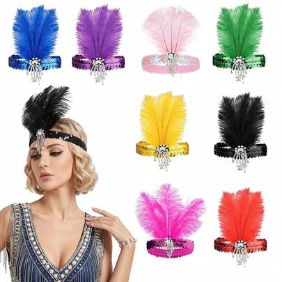 1 chiếc mũ đội đầu đính sequin và lông vũ kiểu thập niên 1920, mũ đội đầu lông vũ tự nhiên cổ điển dành cho phụ nữ, phù hợp cho mọi mùa.