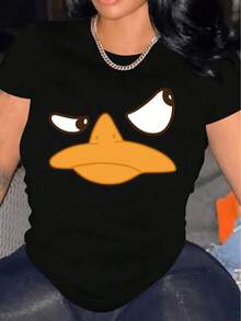 Camiseta de edición limitada para mujer con estampado de pato, de manga corta, 1 pieza,% algodón pesado - Cuello redondo cómodo, suave y linda, camiseta ligera de algodón. - Negro - Ver 10