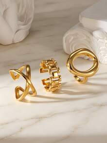 Bộ 3 chiếc nhẫn hở hình bầu dục đan chéo bằng thép không gỉ 18K thanh lịch và ngọt ngào, thích hợp làm quà tặng cho bạn gái khi đeo hàng ngày. - Vàng - Xem 4