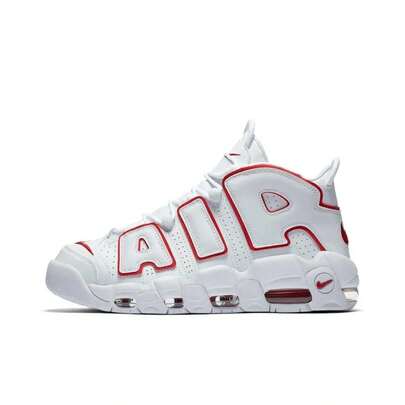  Tênis de basquete retrô Nike Air More Uptempo Renowned Rhythm Pippen de cano médio, modelo masculino, branco e vermelho.