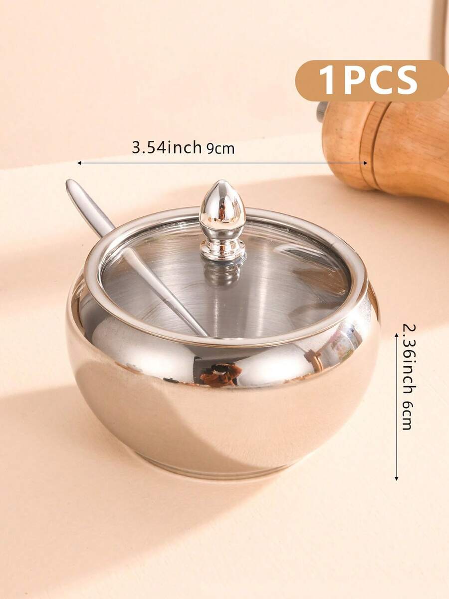 1个带勺子的不锈钢咖啡糖罐，调味品容器 - 銀色 - 查看 1