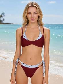 Conjunto de bikini de dos piezas para mujer, con estampado de lunares, sin mangas, cuello halter, sujetador falso y braguita de talle bajo. - Rojo - Ver 3