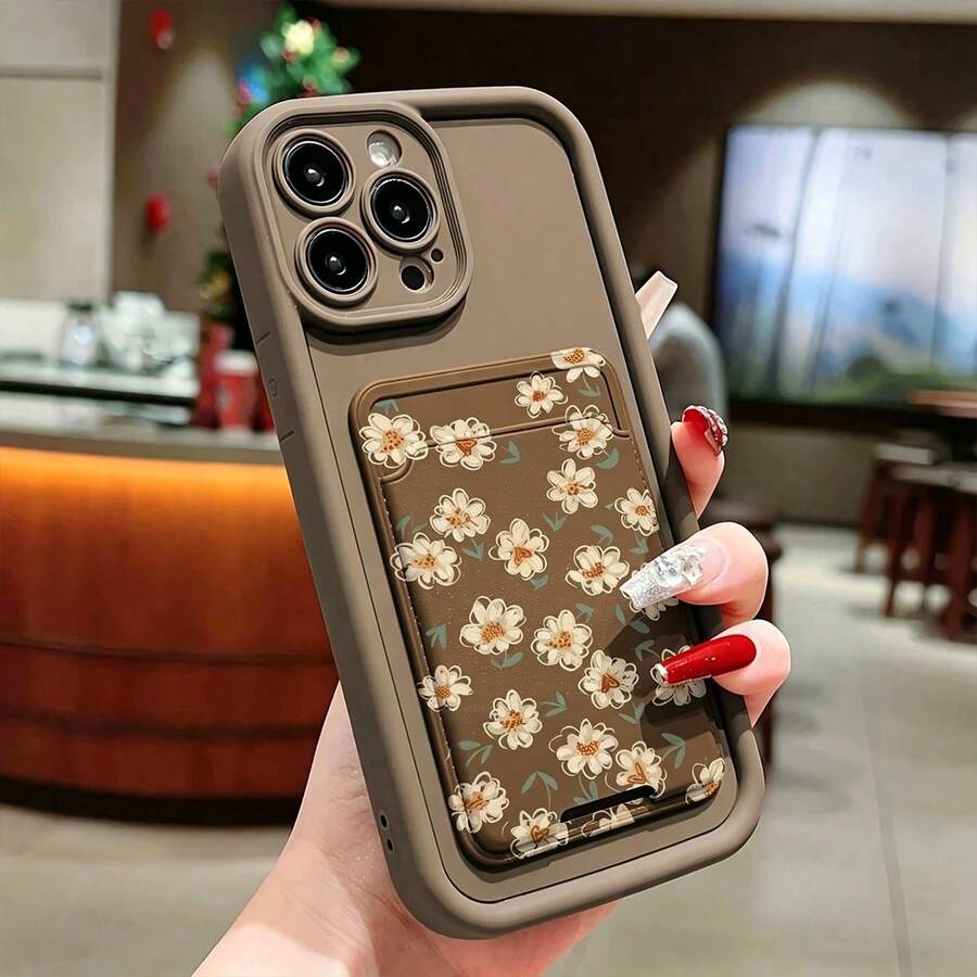Compatible With IPhone 17/17 Pro/17 Pro Max/16/15/14/13/12/11 Series, 1pc Ins Style Stepped Frame Card Slot Floral Pattern Shockproof Protective Phone Case, Suitable For IPhone 17 Pro Max - Brown - View 1