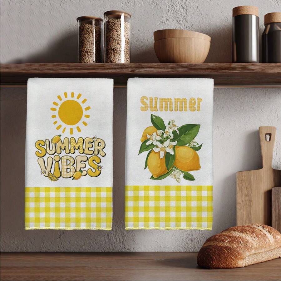 2pcs Lemon Yellow & White Plaid Pattern Kitchen Towels, 40*60cm Modern Farmhouse Style Super Absorbent Dish Cloths, Suitable For Kitchen, Bathroom, Housewarming Gift, Great Value - Yellow - View 1