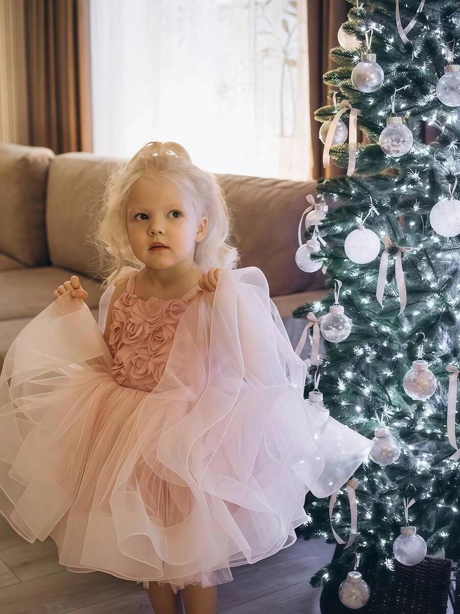 Đầm công chúa không tay, thắt nơ, hở lưng bằng vải voan cho bé gái, thích hợp cho tiệc sinh nhật, dạ hội, cuộc thi sắc đẹp, bé gái cầm hoa, phù dâu trong đám cưới, các dịp đặc biệt. - Hồng - Xem 1