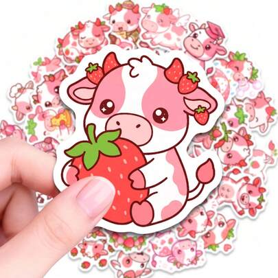 50PCS Cute Strawberry Cow Stickers, Waterproof Vinyl Decals For Water Bottles, Laptops, Phones, Scrapbooking, Journaling, DIY Crafts, Aesthetic Stickers For Teens, Adults, Suitable For Personalizing Daily Items And Creative Projects