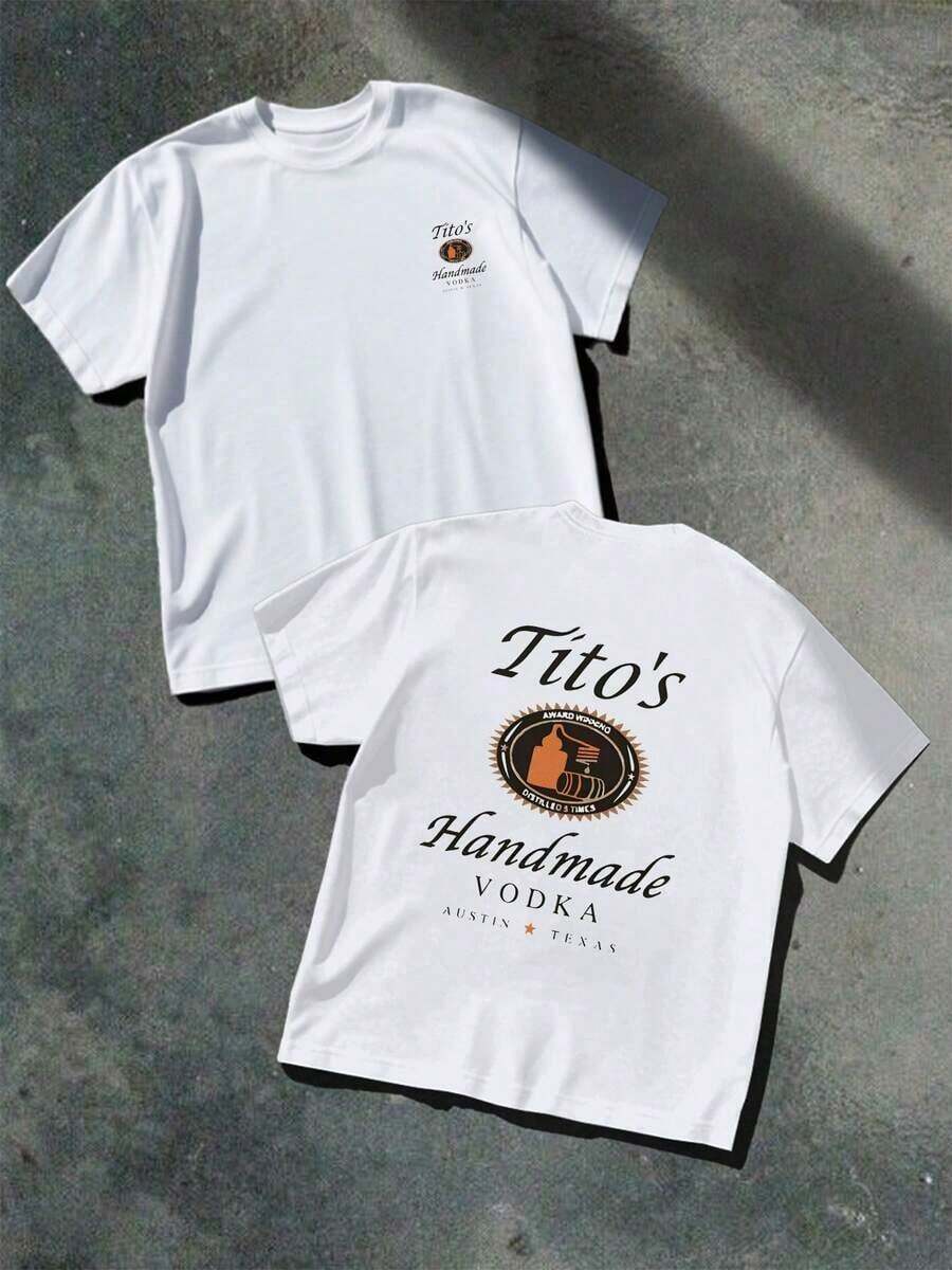 Tito's Handmade Vodka Austin Texas Graphic Tee Double Printed 100% Cotton Casual T Shirt100% cottonIdeal para reuniones informales: elegante, versátil y perfecto para el uso diario. - Blanco - Ver 1
