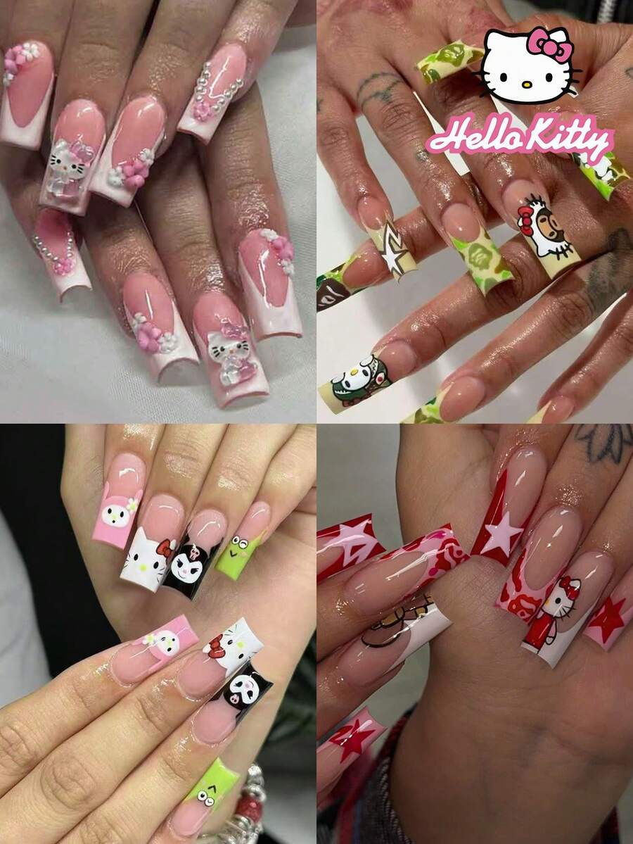 SANRIO 96片(4种混合款式)Hello Kitty 3D凝胶豹纹和牛仔法式美甲贴纸,包含可爱的Hello Kitty、Kuromi、My Melody、蝴蝶结、星星、水钻、珍珠和花朵装饰,完美适用于亚克力指甲,附赠1瓶胶水和1个指甲锉,适合女性和女孩日常佩戴和派对场合。 - 彩色 - 查看 1