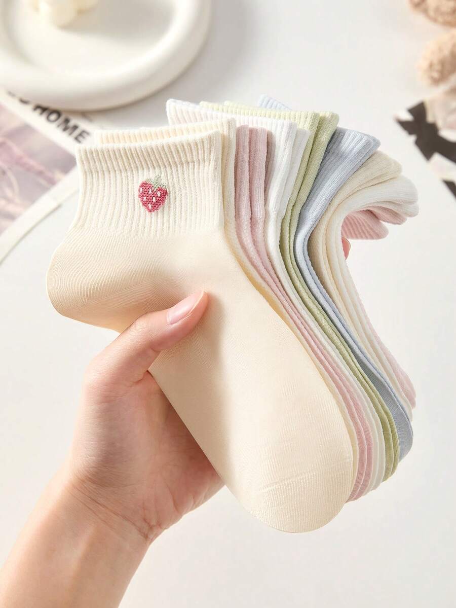 5双装女士可爱甜美透气短袜,图案包括爱心、蝴蝶结、草莓、樱桃、小熊等,隐形袜、踝袜、船袜,白色,糖果色系,适合日常休闲穿着,四季皆宜。 - 彩色 - 查看 1