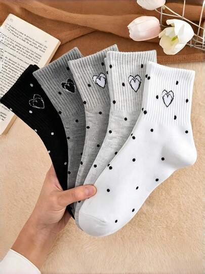 5 đôi tất nữ màu trắng, đen, be họa tiết chấm bi hình trái tim, cao đến bắp chân, chống trơn trượt, dệt kim gân, kiểu dáng dễ thương, ngọt ngào, phong cách học đường Y2K, tất mắt cá chân thêu chấm bi thời trang, phù hợp cho hàng ngày, đi học, đi làm, du lịch, bộ tất mềm mại, thoáng khí cho mọi mùa, món quà tuyệt vời cho bạn gái, con gái.
