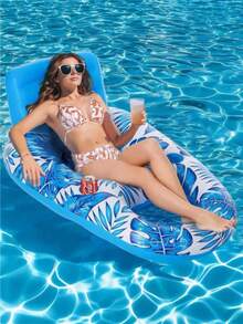 Inflatable Lounge Chair | Extra Large Blue & Pink Maple Leaf Pattern | Durable PVC Material With Backrest And Cup Holder | Comfortable Inflatable Furniture For Summer Parties And Beach Relaxation - Multiple Styles - View 3