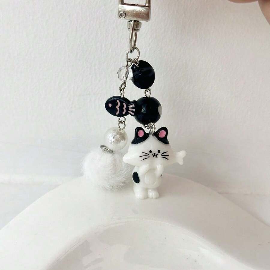 可爱卡通猫咪钥匙扣 爱心毛球串珠手机链背包挂件 - 黑貓愛吃魚 [門扣] - 查看 1