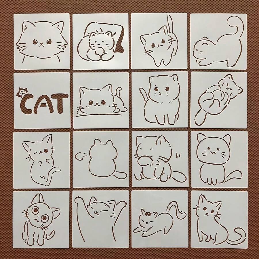 16件套可爱猫咪图案绘画模板，镂空模板，适用于手绘海报、墙绘 - 可愛貓咪圖案 - 查看 1