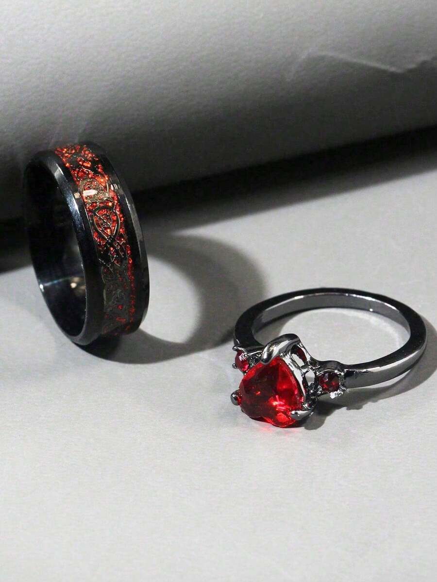 2 piezas Nuevos anillos de acero inoxidable de moda, juego de anillos a juego con circonita cúbica para parejas de hombres y mujeres - Anillos de pareja en forma de corazón - Ver 1