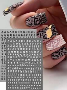 2入英文字母美甲貼紙 黑白字母 DIY 創意文字書法符號美甲貼花 簡約夏季度假美甲裝飾 女士女孩美甲用品 - 黑與白 - 查看 2