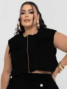Plus Size Denim Vest With Zipper And Pockets (No Lycra) - màu đen - Xem 2