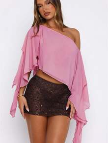 Women Chiffon Poncho Tops Fashion Solid Color Off One Shoulder Loose Fit Summer Cover Up Shawl Blouse - 粉色 - 查看 1