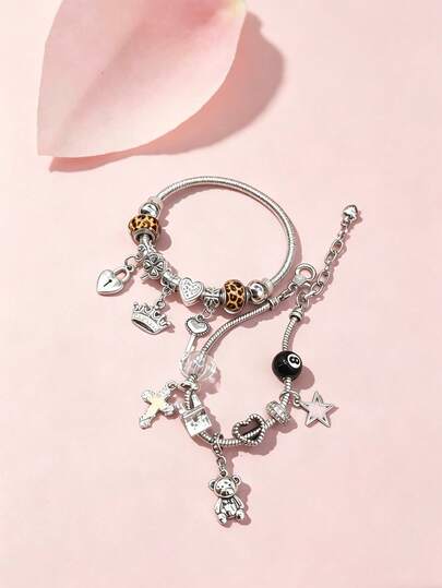 2pcs Leopard Print Cross, Teddy Bear Pendant Bracelets With Crystal Pentagram, Heart, Black 8, Crown, Clover Charms, Personalized Jewelry For Women, Daily Wear, Dating, Mother's Day, Valentine's Day Gift