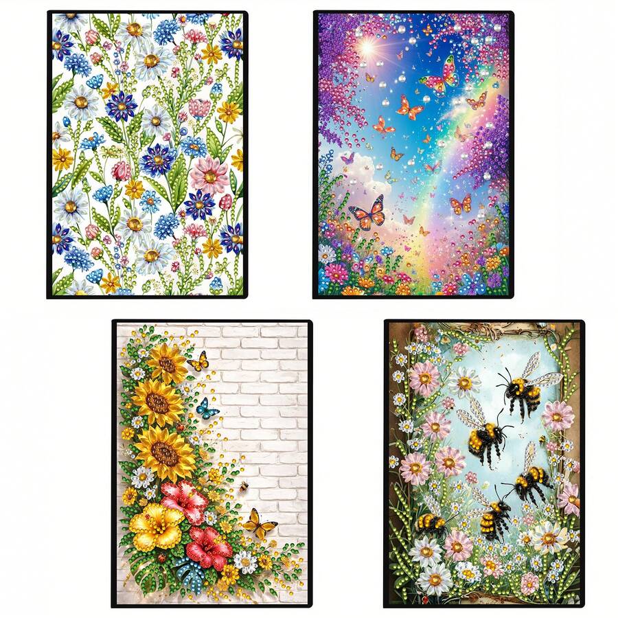 1pc/4pcs 5D DIY Special Shape Diamond Art Painting Notebook, Bee, Daisy, Sunflower & Butterfly Floral Pattern Creative Faux Leather Cover Sketchbook Diamond Art Painting Kit, Mosaic A5 Diary Notebook Sketchpad Art Supplies, Unique Handmade Craft Gift Set Suitable For Graduation And Birthday Gifts Diamond Painting Kit