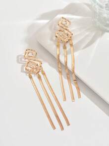 1 par de pendientes de alta gama con cadena de hueso de serpiente asimétrica geométrica martillada y borlas, adecuados para uso casual y diario, pendientes elegantes y encantadores para mujeres - Amarillo Oro - Ver 2