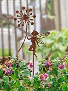 1 pieza Estaca de decoración de jardín de hadas con flor de diente de león de metal oxidado, decoración exterior única hecha a mano con aspecto desgastado, estilo artístico, para colocar en el suelo, adecuado para jardín, patio o terraza, regalo perfecto para el Día de la Madre, decoración de jardín vibrante | Pieza de arte de metal duradera - Versión oxidada - Ver 7